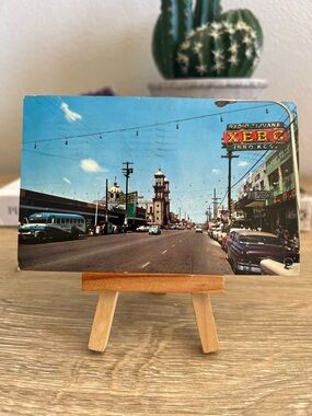 Vintage 1966 Tijuana Mexico Postcard XEBG Radio Sign Street Scene Cars Used